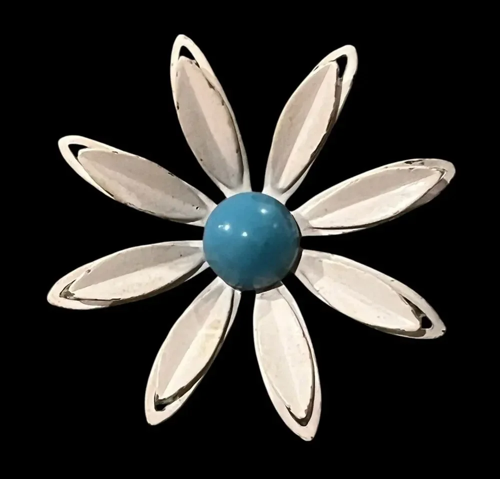 Vintage White Daisy Flower Brooch Pin 1960's Blue Center 1.75” Flower Power